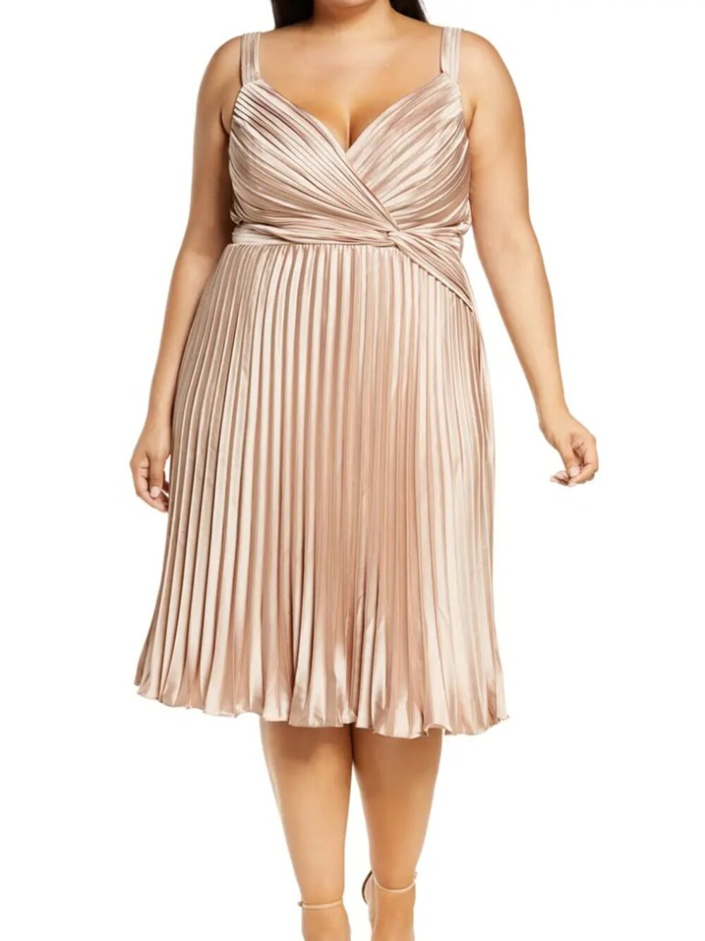 Chi Chi London Pleated Satin Midi Dress Champagne Size 10 NWT